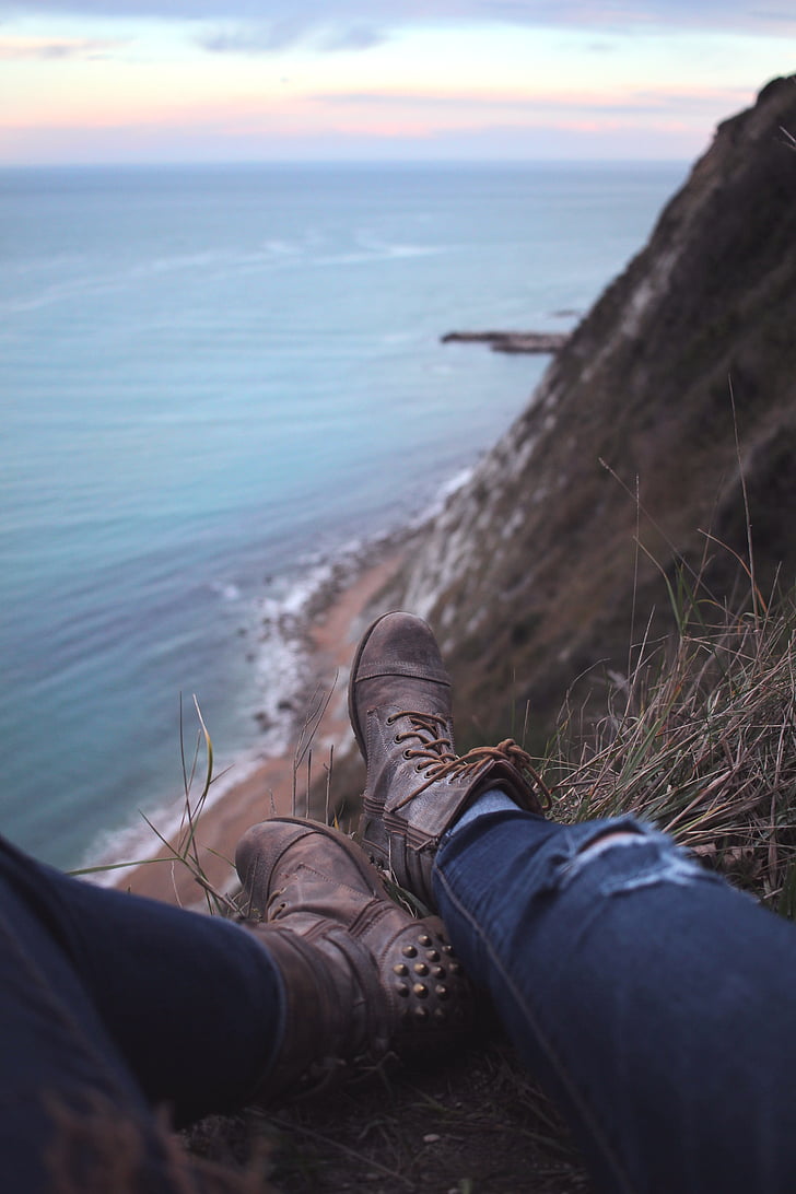 adventure, beach, boots, legs, ocean, person, seashore