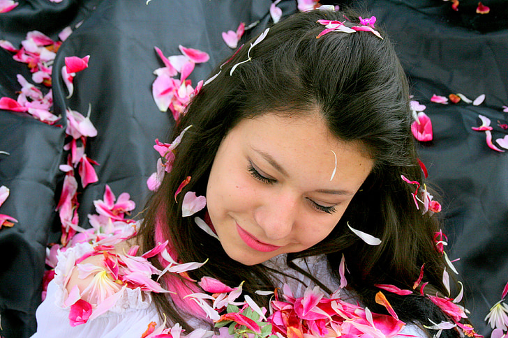 girl, portrait, petals, pink, beauty