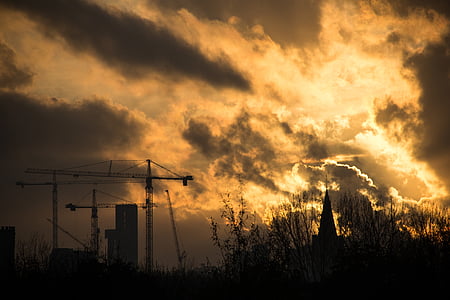 sunset, construction, crane, construction site, clouds, sun, sky