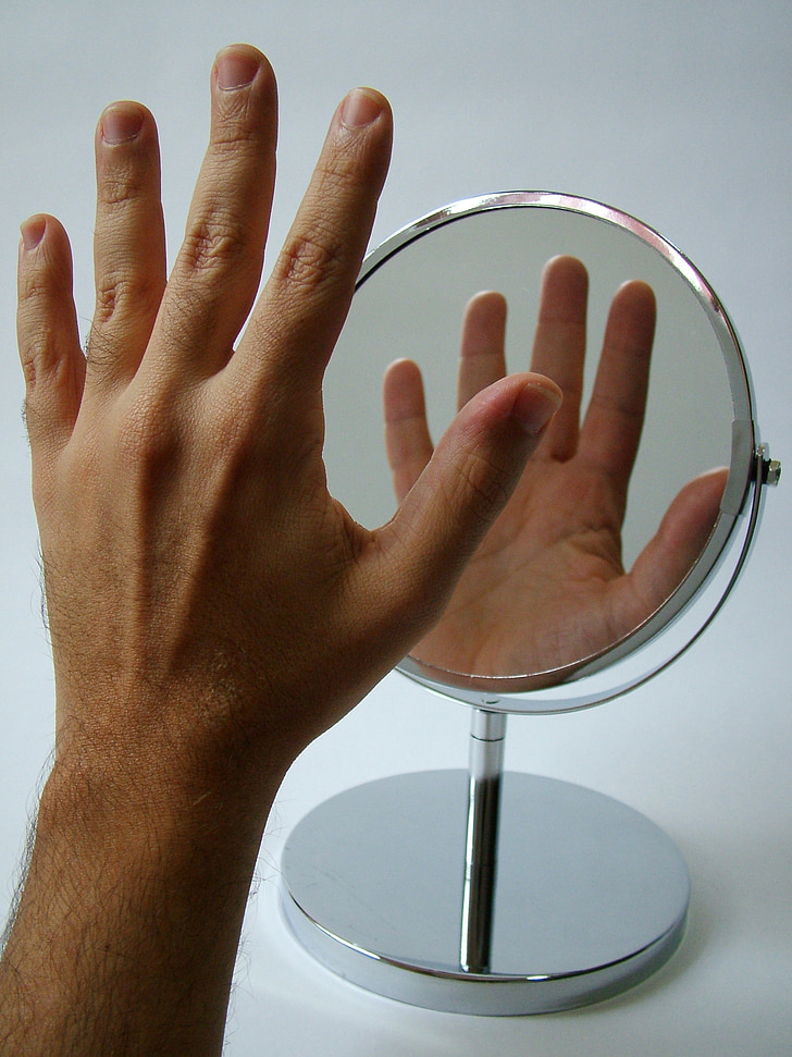 hand, lichaam, spiegel