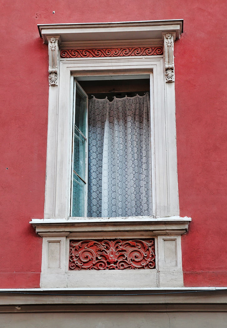langas, sienos, raudona, atidarytas, atidaryti, užuolaidos, pastatas