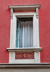vindue, væg, rød, åbnet, åbne, gardin, bygning