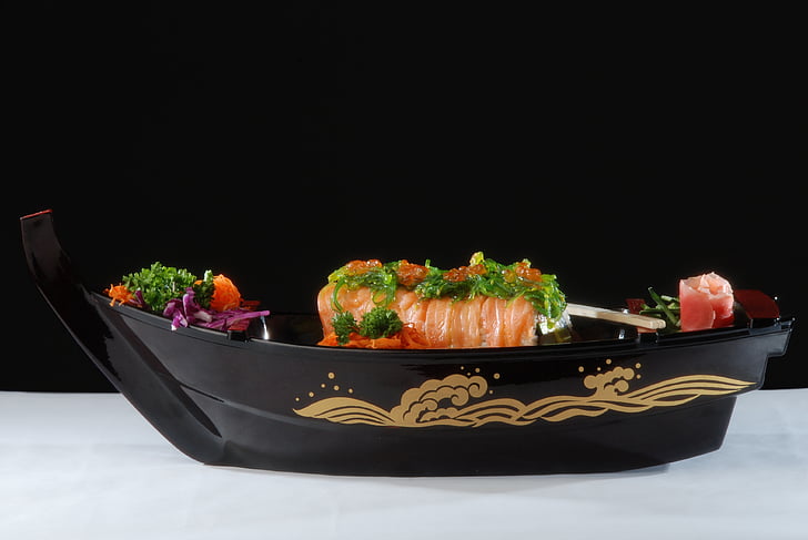 vaixell de sushi, dinar, sopar, marisc, placa, rotllos, cuina