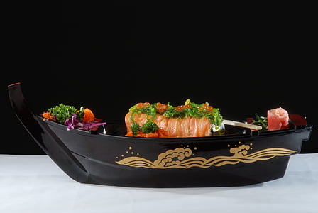 barco de sushi, almoço, jantar, frutos do mar, placa, rolos, cozinha