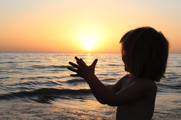sunrise, girl, children, silhouette, solar, water, sea