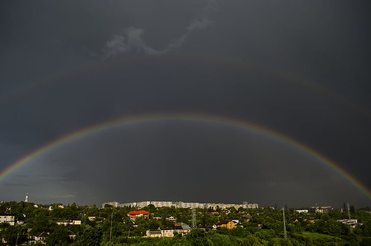 Rainbow, staden, Panorama, dubbel regnbåge, höga byggnaden, Kharkov, Cold mountain