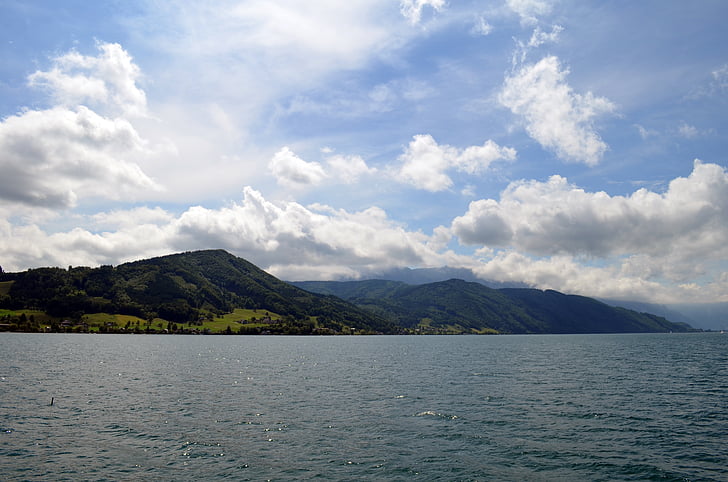 Attersee, Salzkammergut, tó, alpesi, felhők, panoráma, nyári