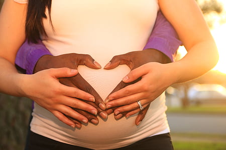 tehotná, žena, nosenie, biela, tričko, osoba, fialová