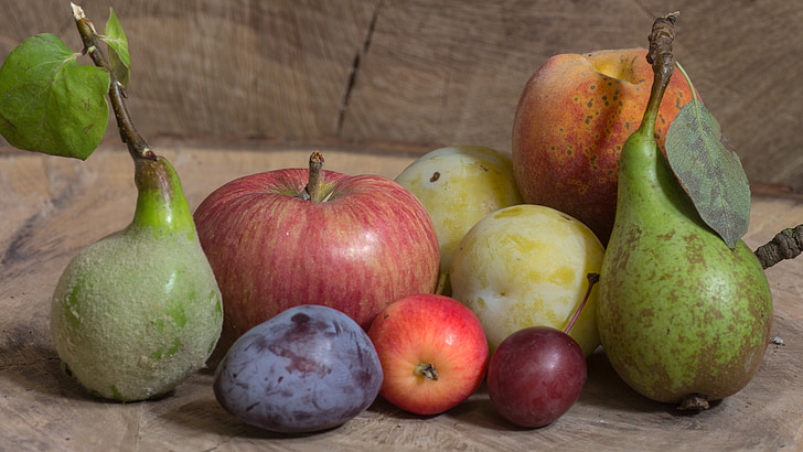 fruit, grapes, apple, plums, food, still life, pears