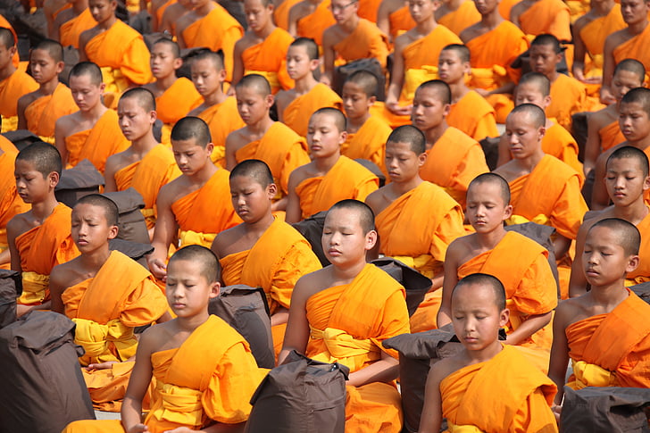 Thailand, buddhister, munkar, och, nybörjare, meditera, buddhismen