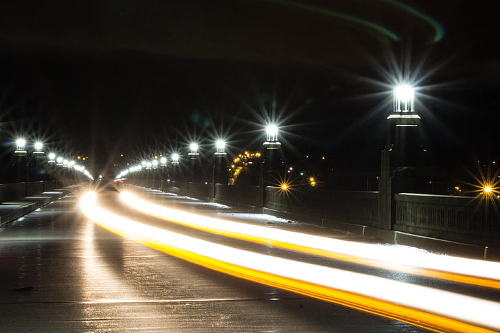 šviesos serija, tiltas, naktį, šviesos, kelių, gatvė, transportas