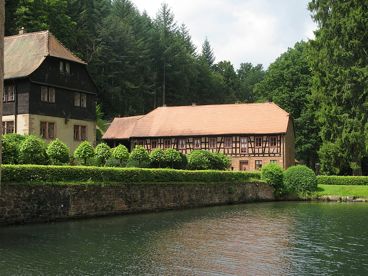 fachwerkhaus, lake, spessart, hunting, forest house