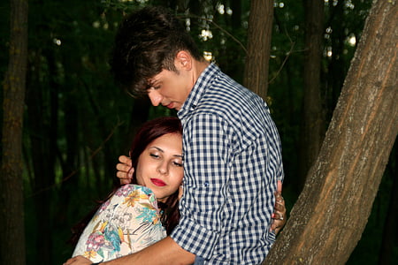 couple, love, romance, tree, forest, in the evening