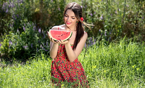 Tyttö, meloni, punainen, kesällä, Kauneus, Luonto