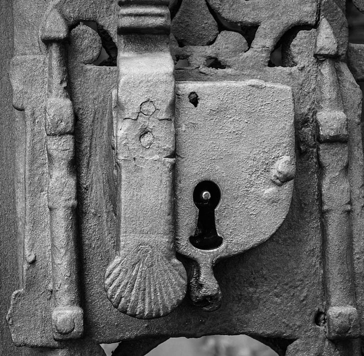 black-and-white, door, metal, padlock