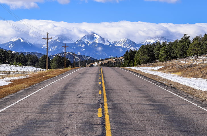yol, dağ, Colorado, Rocky Dağları, dağlar, kar, yol ileri