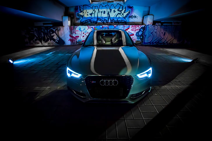 automotivo, visão noturna, Audi, iluminado, à noite, carro, azul
