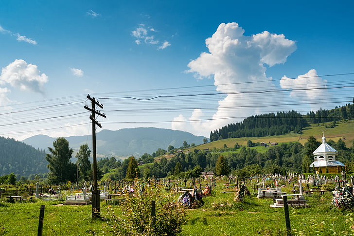 Cmentarz, Rachów, Ukraina, Karpaty, Zakarpacie, drogi, krajobraz