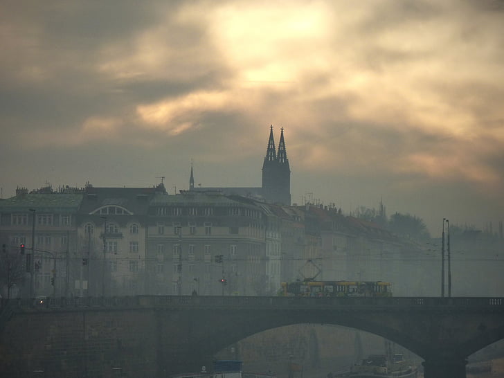 prague, capital, fog, bridge, czech republic, city, tram