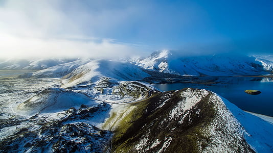 アイスランド, フィヨルド, 水, 湖, 冬, 雪, 風景