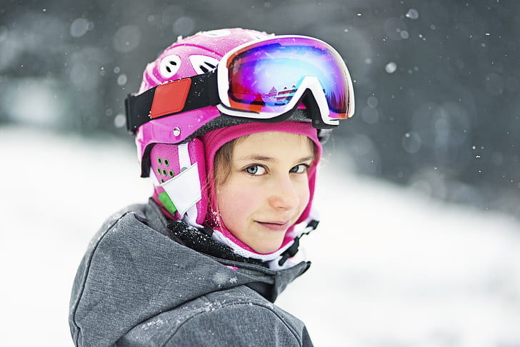 girl, kids, the little girl, baby photo, skiing, helmet, headwear