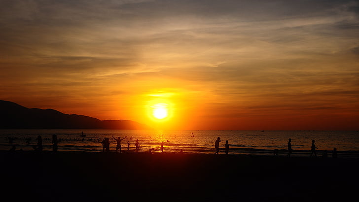 soluppgång, Vietnam, personer, morgon, solnedgång, havet, stranden