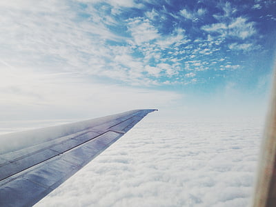 plano, avión, ala, nubes, cielo, aéreo, viajes