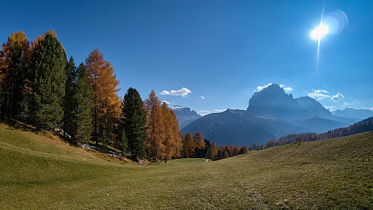 podzim, Sassolungo, Itálie, Jižní Tyrolsko, Dolomity, hory, Baume
