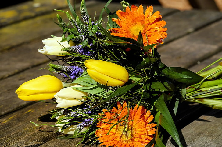 fleurs de printemps, bouquet, fleurs, tulipes, jaune, crème, Gerbera