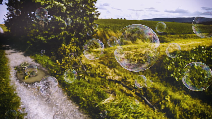 bubliny, tráva, louka, Travní stopa, realistické bubliny, zelená, Příroda
