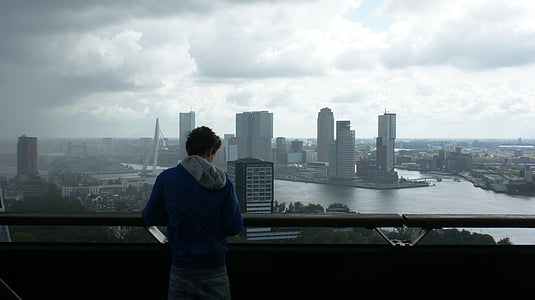 Rotterdam, menino, linha do horizonte, Porto, água, paisagem urbana, cidade grande