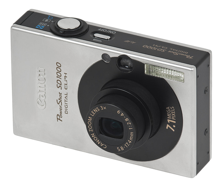 canon powershot sd1000, digital camera, 7-1 pm megapixels, technology, 3x optical zoom, silver color, white background