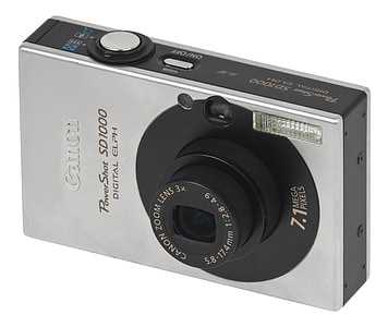 Canon powershot sd1000, digitalt kamera, 7-1 pm megapiksler, teknologi, 3 x optisk zoom, sølvfarget, hvit bakgrunn