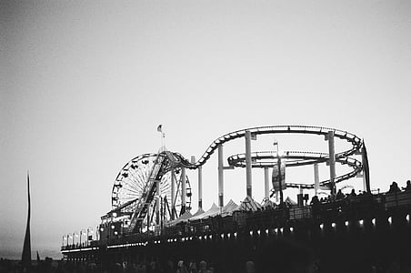 roller, coaster, grayscale, photography, amusement park, carnival, rides