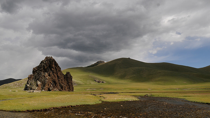 landscape, mongolia, clouds, wide, nature, mountain, grass