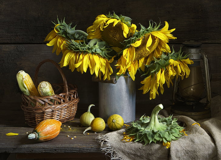 still life, sunflower, bouquet, wood - Material, food, table, rustic