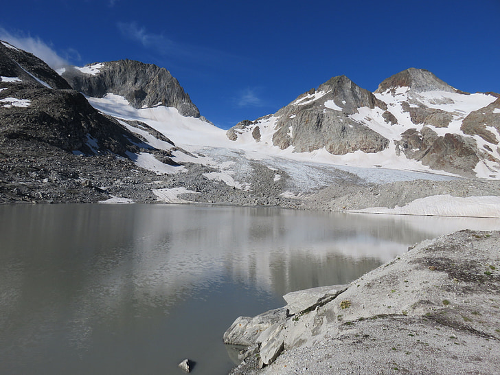 glacial lake, mountains, glacier