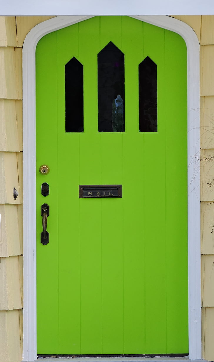 ประตู, ประตูหน้า, สีเขียว, มะนาว, บ้าน, บ้าน, ด้านหน้า