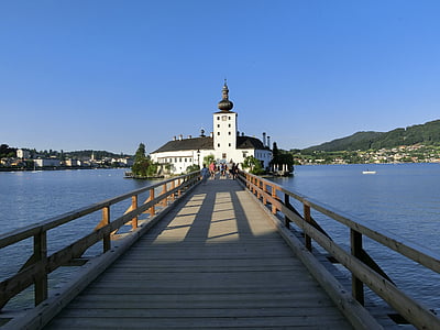 sea castle place, gmunden, traunsee, water, post, railing, bridge