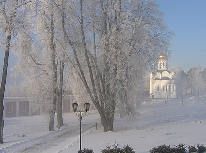 взимку, Росія, сніг, ранок, монастир, іній, іній