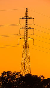 högspänning, pylon, elektricitet, tornet, solnedgång, makt, energi