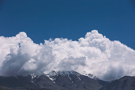 mountain, peak, summit, clouds, sky, blue, cloudy