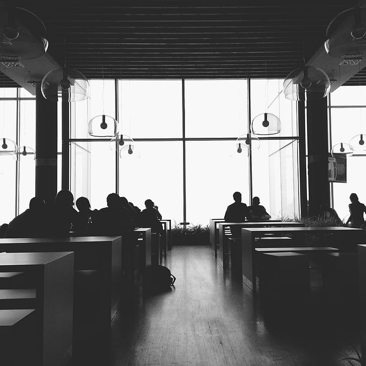 silhouette, sitting, people, front, table, black and white, tables