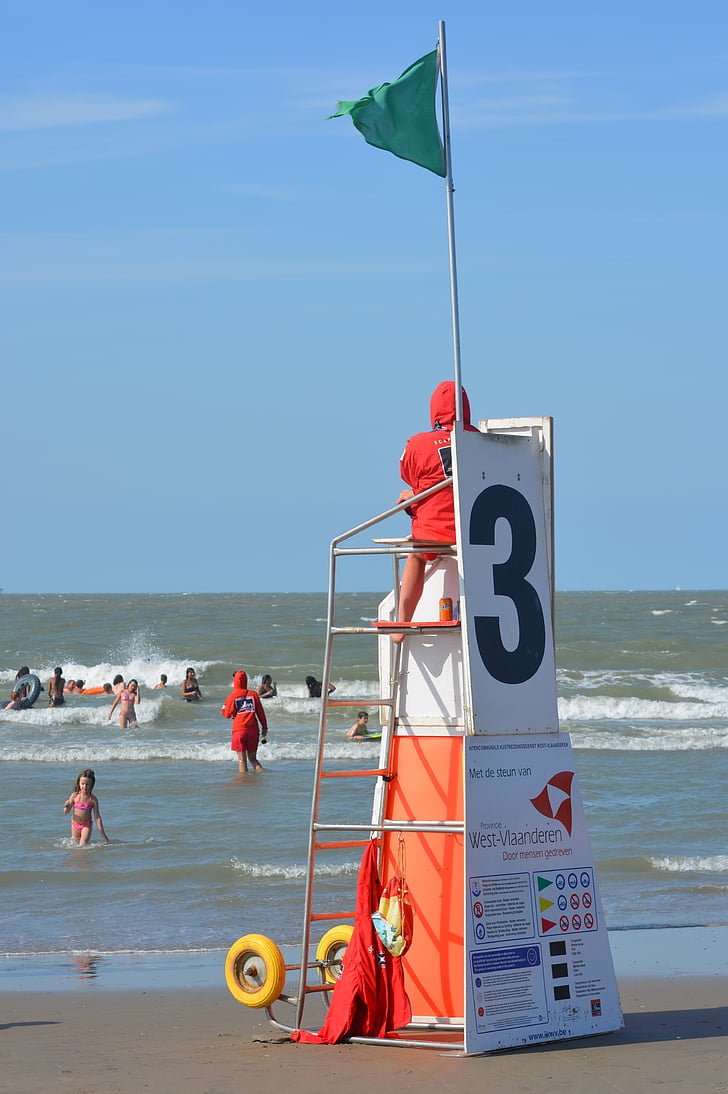 sea, blankenberge, people, beach, holiday, rescuer, green flag