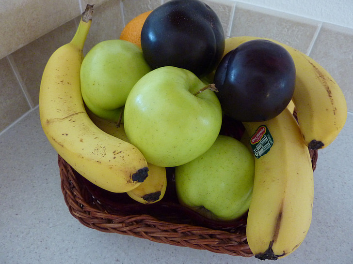 gyümölcs, kosár, Alma, banán, Alma, élelmiszer, sárga