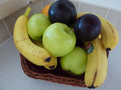 fruita, cistella, pomes, plàtans, Poma, aliments, groc