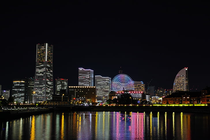 night view, city, light, sea, night, yokohama, building