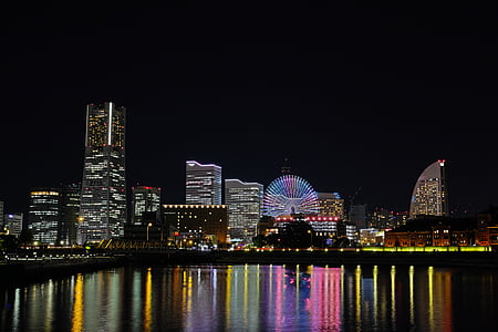 vaizdas naktį, Miestas, šviesos, jūra, naktį, Yokohama, pastatas