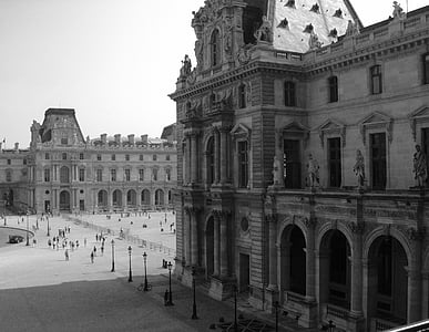 Louvre, París, blanco y negro, paisaje urbano, Francia