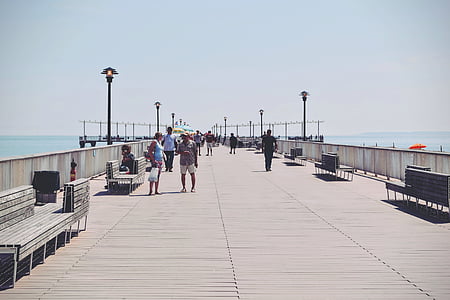 beach, benches, boardwalk, ocean, pier, sea, water